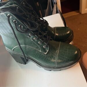 Emerald Croc-Embossed Combat Boots